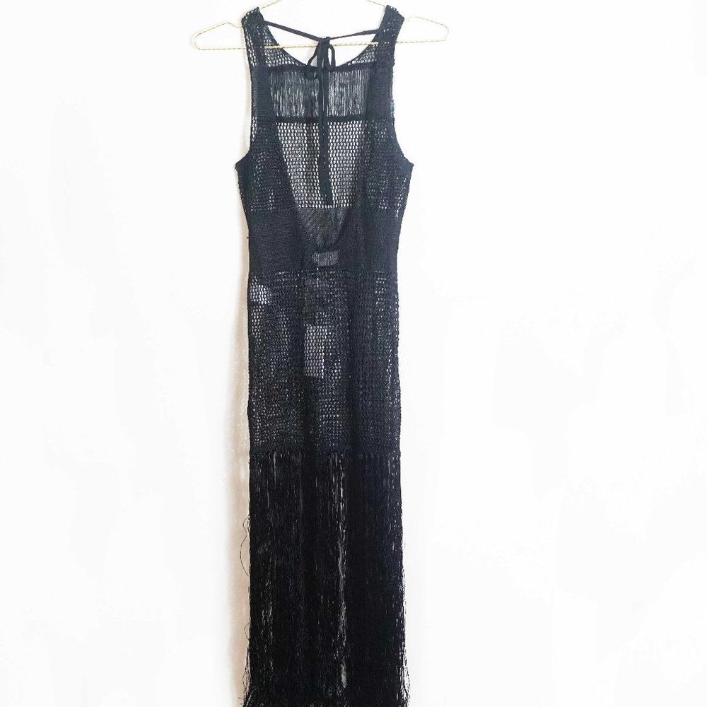 Lovers + Friends Black Fringe Coverup Dress M - Picture 3 of 5